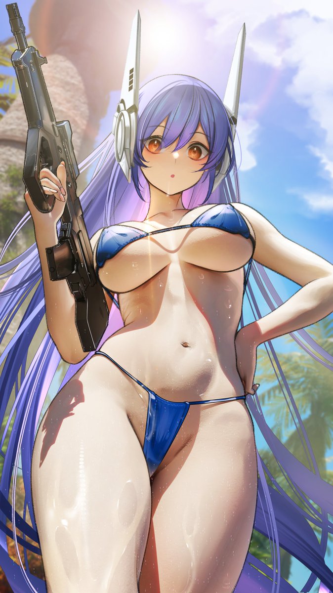 1girl :o assault_rifle bikini blue_bikini blue_hair blue_sky breasts cloud cloudy_sky commentary_request cowboy_shot from_below girls'_frontline gun hair_between_eyes hand_on_own_hip headgear highres holding holding_gun holding_weapon large_breasts long_hair looking_at_viewer nanaken_nana navel open_mouth palm_tree red_eyes rifle sky solo stomach swimsuit tar-21_(girls'_frontline) thick_thighs thighs thong_bikini tree very_long_hair weapon wet