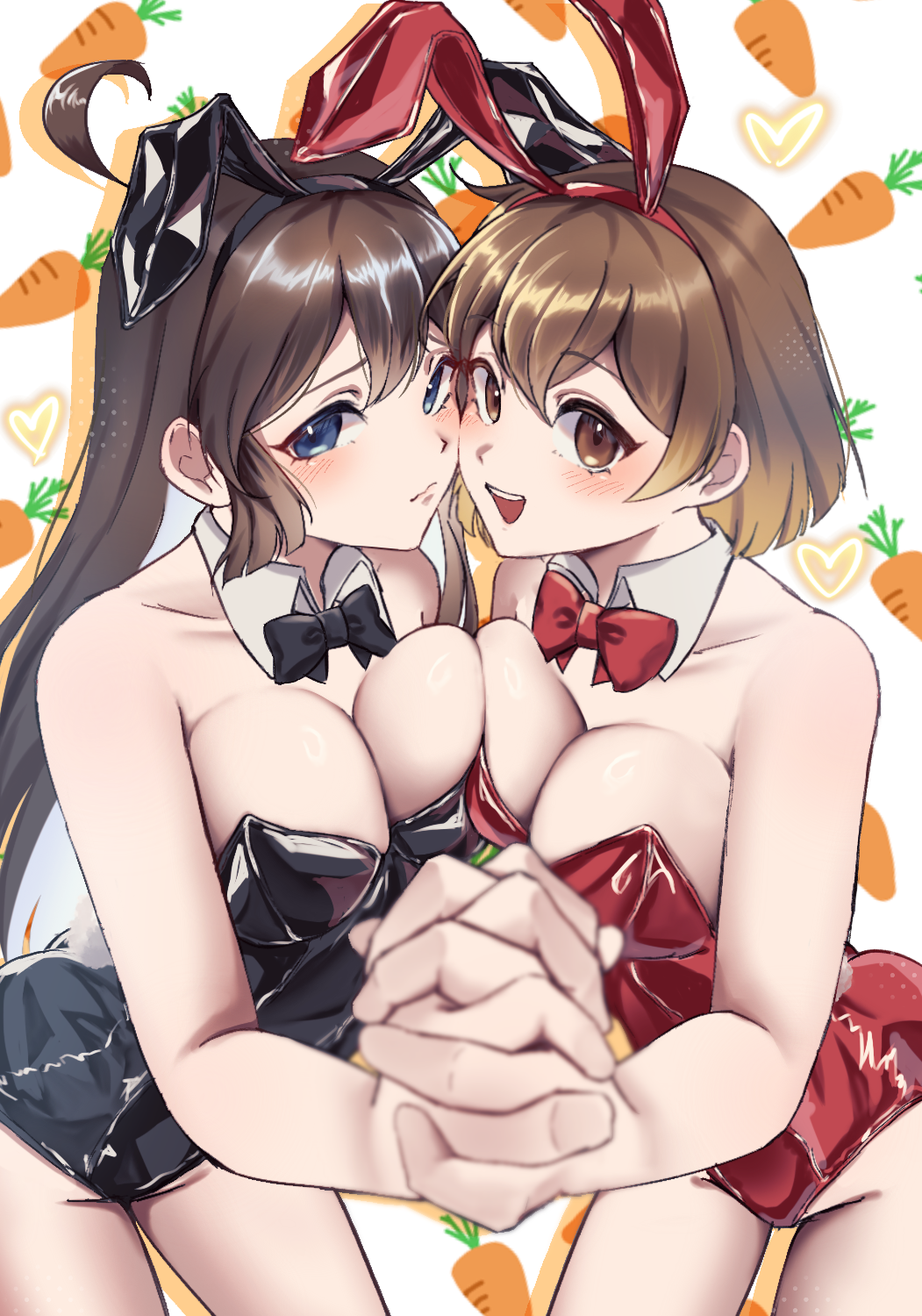 2girls animal_ears breasts brown_hair carrot detached_collar fake_animal_ears highres hod_(project_moon) holding_hands large_breasts leotard long_hair malkuth_(project_moon) multiple_girls nomuyo_pm playboy_bunny project_moon rabbit_ears strapless strapless_leotard