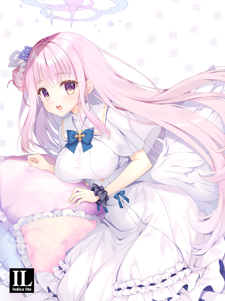 1girl :d blue_archive blue_flower blush breasts capelet commentary_request dress feathered_wings flower frilled_dress frilled_pillow frills hair_bun hair_flower hair_ornament halo large_breasts looking_at_viewer low_wings mika_(blue_archive) mitha pillow pink_hair purple_eyes simple_background single_side_bun smile solo white_background white_capelet white_dress white_wings wings