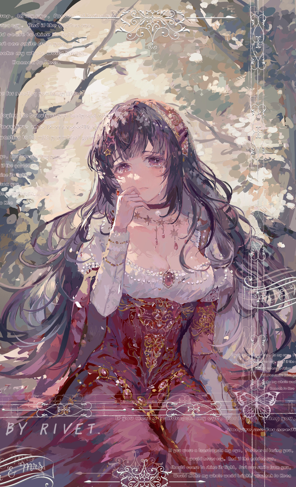 1girl artist_name breasts brown_hair chest_jewel chinese_commentary choker cleavage collarbone commentary_request cowboy_shot crying crying_with_eyes_open dress forest gem hair_ornament hairband hand_on_ground hand_on_own_chin highres jewelry juliet_sleeves large_breasts layered_sleeves leaf light_blush light_frown long_dress long_hair long_sleeves looking_at_viewer mole mole_under_eye nature necklace original outdoors parted_lips pink_eyes puffy_sleeves red_choker red_dress red_gemstone red_hairband red_sleeves rivet_jiang sample_watermark short_over_long_sleeves short_sleeves sitting solo star_(symbol) star_hair_ornament star_necklace streaming_tears tears very_long_hair watermark white_sleeves wide_sleeves