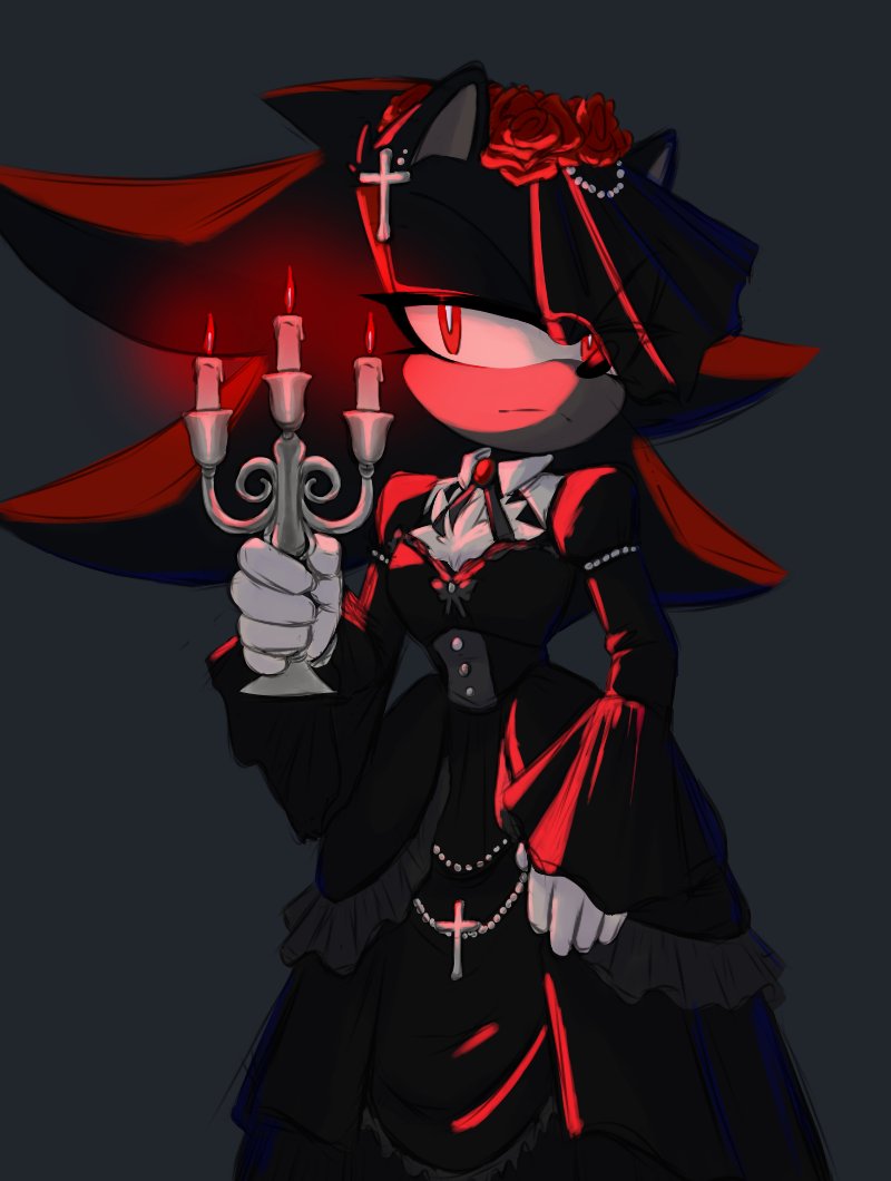 1boy black_dress black_veil cross crossdressing dress english_commentary eyelashes furry furry_male ghostie_berry gloves gothic_lolita grey_background holding_candle_stand lolita_fashion red_eyes shadow_the_hedgehog sonic_(series) veil white_gloves