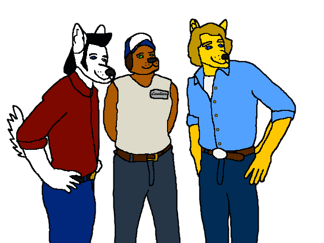 1970s 1980s belt blonde_hair button_up canine clothing dog duct_tape dukes_of_hazzard facial_hair fur generalrusty78_(artist) hair hat jeans male mammal mullet pants sideburns sleeveless tape terrible wolf yellow_fur