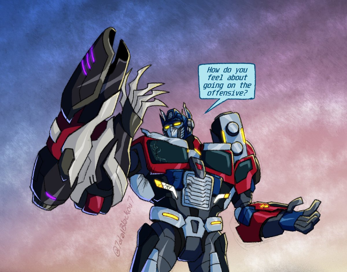 1boy 7otalblackou7 arm_cannon autobot crack cracked_glass english_text fusion glowing glowing_lines mecha open_hand optimus_prime parody robot scene_reference signature sky solo transformers transformers_(skybound) weapon yellow_eyes