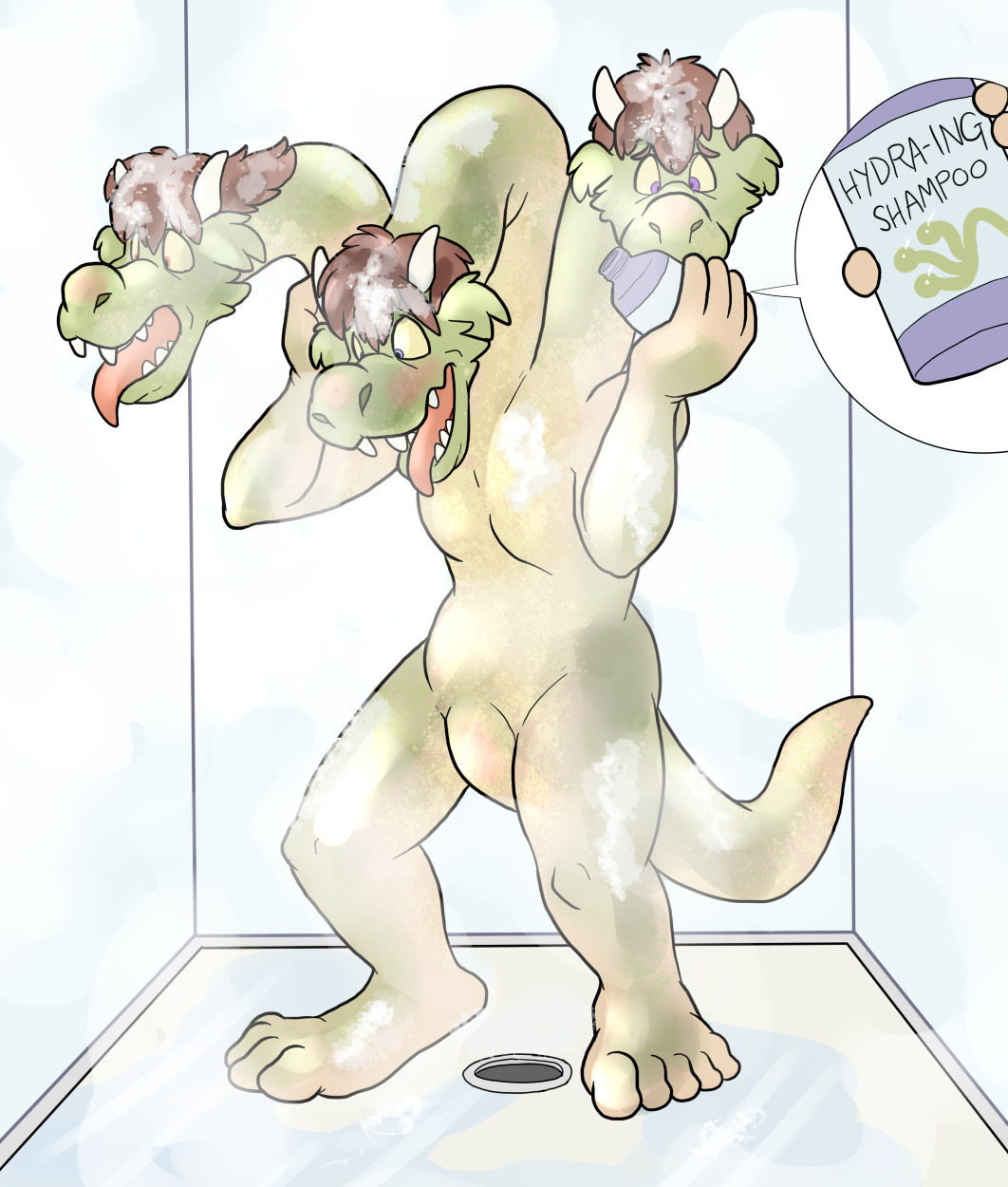 3_heads anthro blueballs conjoined human_to_anthro hydra male multi_head multifur nude scalie shower transformation