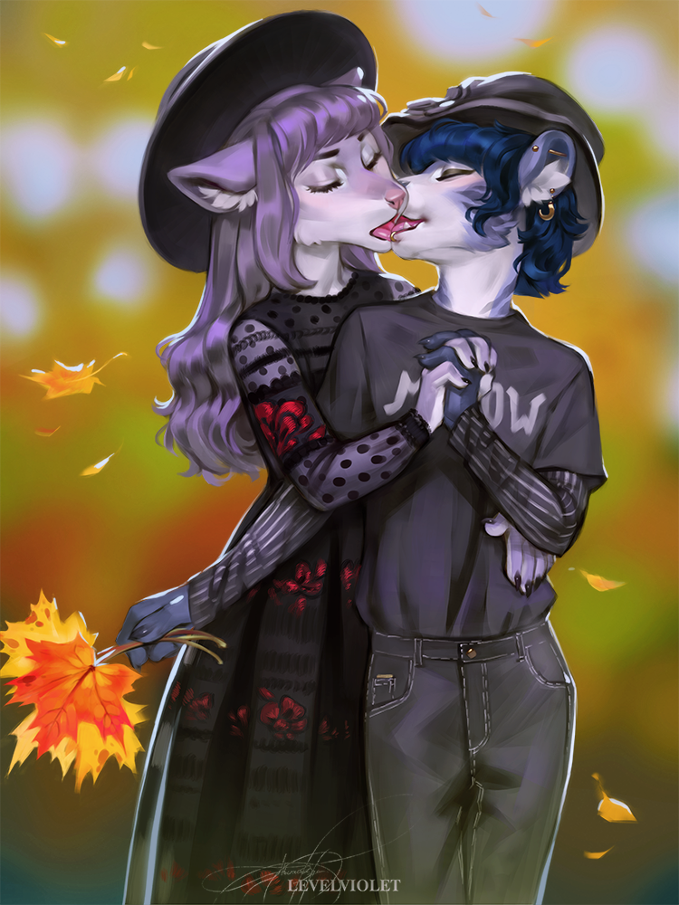 2018 anthro blue_hair canine duo ear_piercing eyes_closed female hair kissing levelviolet mammal open_mouth piercing purple_hair standing tongue