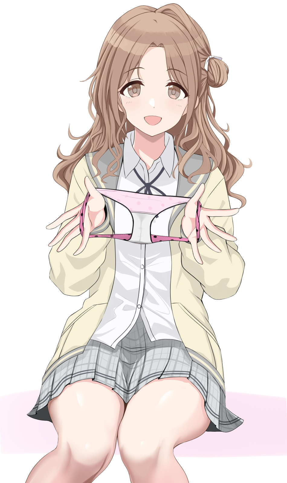 1girl baji_toufuu_(bajitohfu) black_ribbon brown_eyes brown_hair cardigan collared_shirt dot_nose grey_skirt hair_bun hair_over_shoulder hair_ribbon highres holding holding_clothes holding_panties holding_underwear ichikawa_hinana idolmaster idolmaster_shiny_colors knees long_hair looking_at_viewer neck_ribbon no_panties official_style open_cardigan open_clothes open_mouth panties parted_bangs pink_panties plaid plaid_skirt polka_dot polka_dot_panties presenting_removed_panties ribbon school_uniform shirt simple_background single_hair_bun single_side_bun sitting skirt smile solo stained_panties tareme underwear unworn_clothes unworn_panties wavy_hair white_ribbon yellow_cardigan