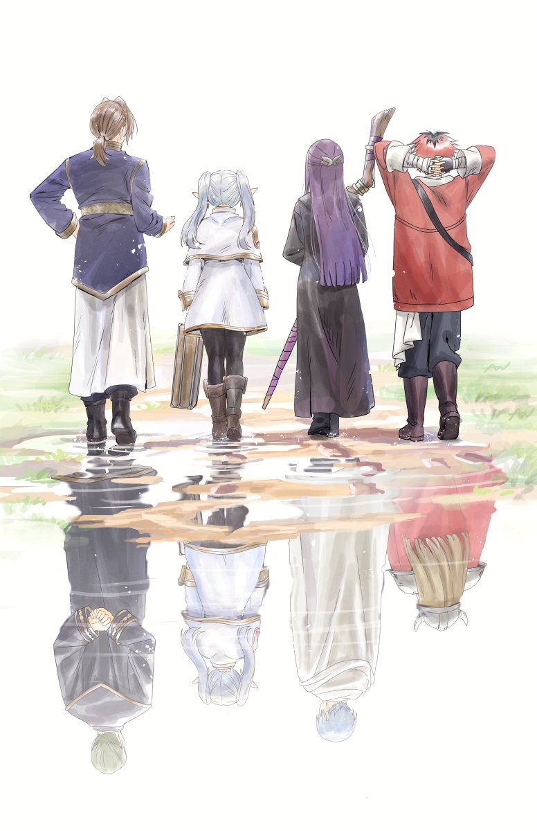 athenawyrm boots brown_hair capelet eisen_(sousou_no_frieren) elf fern_(sousou_no_frieren) frieren heiter highres himmel_(sousou_no_frieren) long_hair pants pantyhose pointy_ears purple_hair red_hair sein_(sousou_no_frieren) sousou_no_frieren stark_(sousou_no_frieren) twintails white_capelet