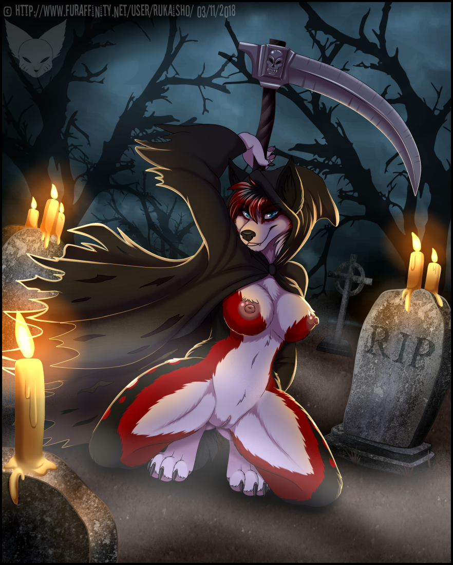 2018 4_toes anthro blue_eyes breasts candle canine clitoris detailed_background digital_media_(artwork) digitigrade dog female fur gravestone graveyard hair holding_object holding_weapon kim_greenwitch kneeling looking_at_viewer mammal mark_haynes melee_weapon navel night nipples outside polearm pussy red_fur red_hair scythe smile solo toes weapon