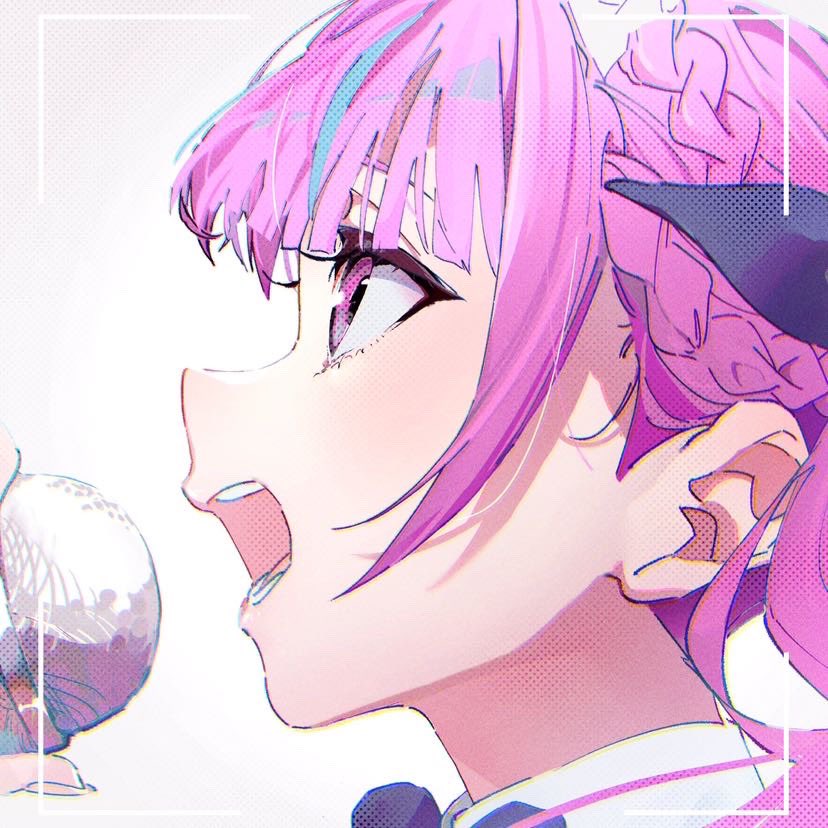 1girl :d blue_hair braid close-up crown_braid from_side halftone holding holding_microphone hololive inset_border long_bangs long_hair microphone minato_aqua mugi626 multicolored_hair music open_mouth pink_eyes pink_hair portrait profile sidelocks singing smile solo streaked_hair teeth virtual_youtuber