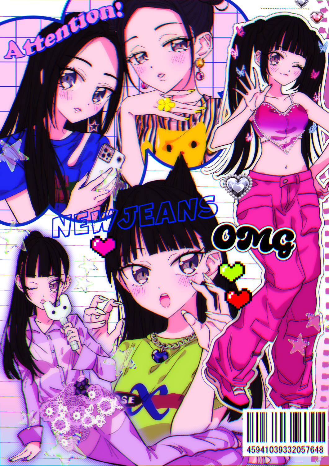 5girls animification barcode black_hair blue_shirt blush cellphone claw_pose copyright_name crop_top danielle_(newjeans) earrings green_shirt grey_eyes haerin_(newjeans) hair_behind_ear hand_on_own_chin hanni_(newjeans) heart highres holding holding_phone hood hood_down hoodie hyein_(newjeans) jewelry k-pop long_hair looking_at_viewer midriff minji_(newjeans) multiple_girls navel necklace newjeans one_eye_closed parted_lips phone purple_footwear purple_hoodie purple_thighhighs real_life shirt smartphone smile sodapop_(iemaki) song_name thighhighs twintails waving