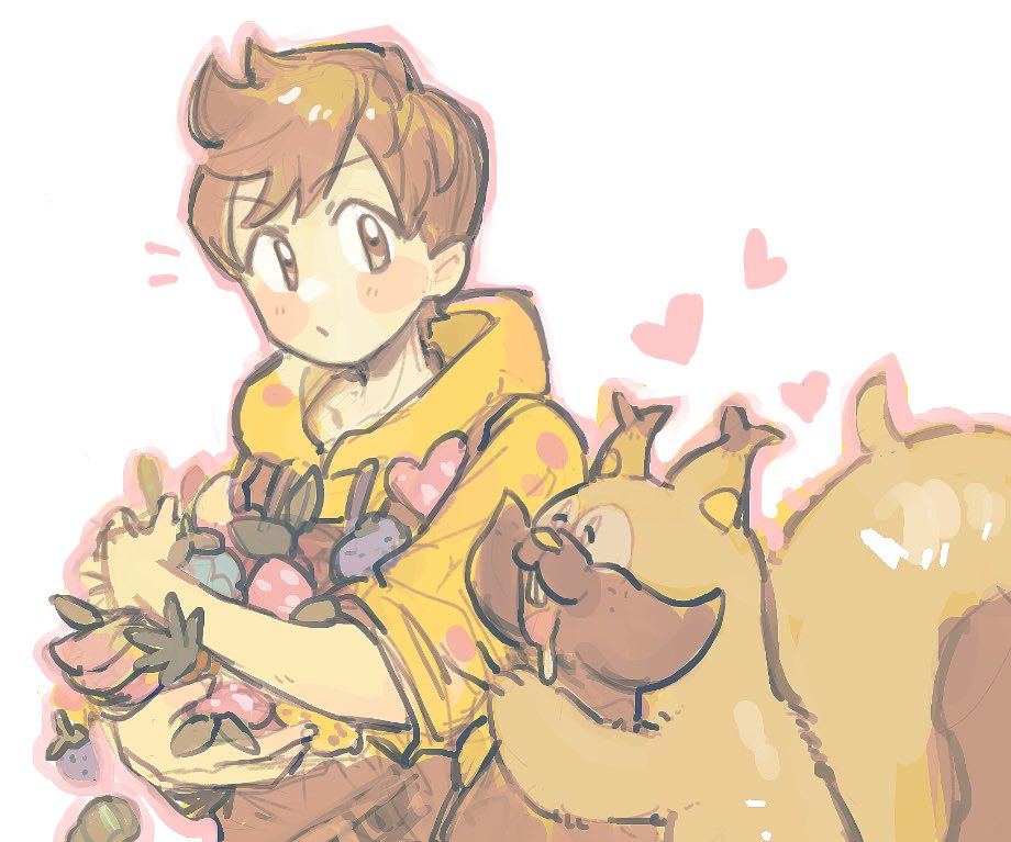 1boy apron berry_(pokemon) brown_apron brown_eyes brown_hair closed_eyes drooling greedent heart hood hoodie kuma_8311 male_focus official_alternate_costume pecha_berry pokemon pokemon_(creature) pokemon_masters_ex rawst_berry squirrel_tail tail victor_(palentine's_2024)_(pokemon) victor_(pokemon)