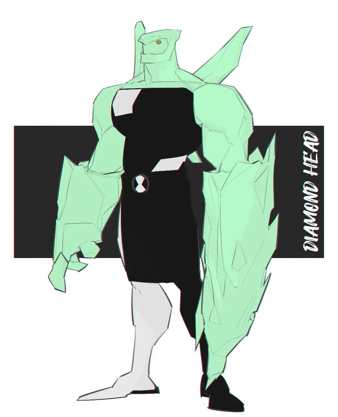 1boy alien bald ben_10 black_bodysuit bodysuit diamondhead highres large_hands large_pectorals liyamou looking_ahead male_focus monster_boy muscular muscular_male omnitrix pectorals solo standing thick_arms three_quarter_view