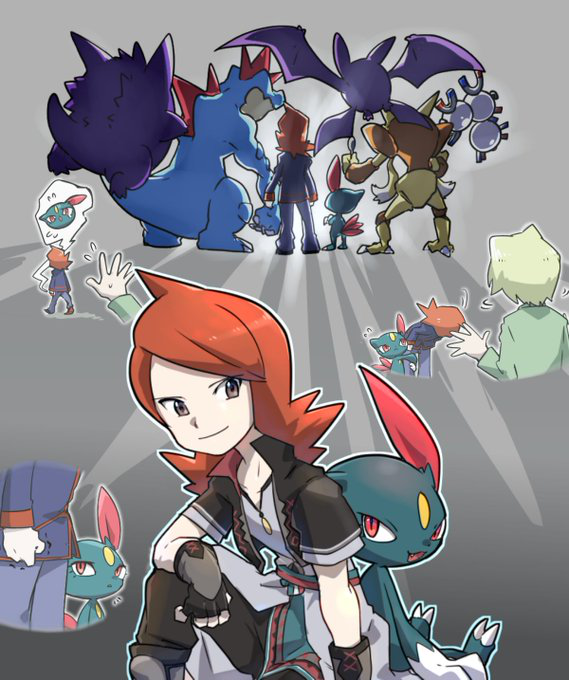 alakazam bat_wings bowing claws clenched_hand commentary_request crobat fang feraligatr fingerless_gloves gengar gloves grey_background leg_grab magneton male_focus multiple_views official_alternate_costume okiza_yuuri pokemon pokemon_(creature) pokemon_hgss pokemon_masters_ex red_hair silver_(pokemon) silver_(sygna_suit)_(pokemon) sneasel standing tail wings