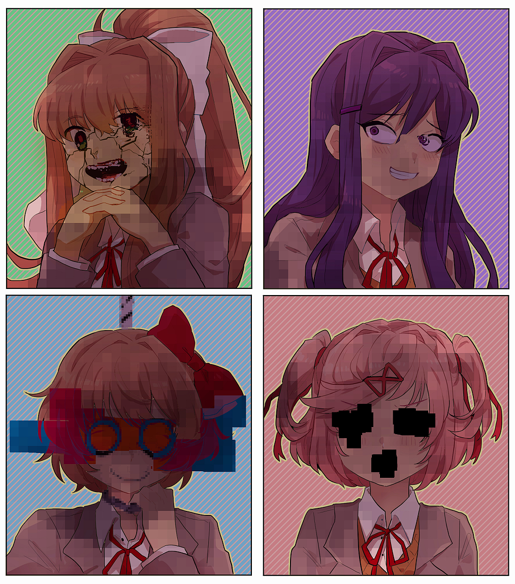 4girls :d ^_^ averting_eyes blue_background blush border bow brown_hair brown_vest chiimako closed_eyes closed_mouth collared_shirt commentary_request doki_doki_literature_club dress_shirt eyelashes fang glitch green_background green_eyes grey_jacket hair_between_eyes hair_bow hair_intakes hair_ornament hair_ribbon hairclip hand_up hands_up hanged high_ponytail horror_(theme) interlocked_fingers jacket lapels long_hair long_sleeves looking_at_viewer monika_(doki_doki_literature_club) multiple_girls natsuki_(doki_doki_literature_club) neck_ribbon open_mouth own_hands_together pink_background pink_eyes pink_hair ponytail purple_background purple_eyes purple_hair raised_eyebrows red_bow red_ribbon ribbon sayori_(doki_doki_literature_club) school_uniform shirt short_hair sidelocks sideways_glance simple_background smile spoilers striped_background sweater_vest swept_bangs teeth two_side_up upper_body upper_teeth_only v-shaped_eyebrows vest white_border white_bow white_shirt wing_collar x_hair_ornament yuri_(doki_doki_literature_club)