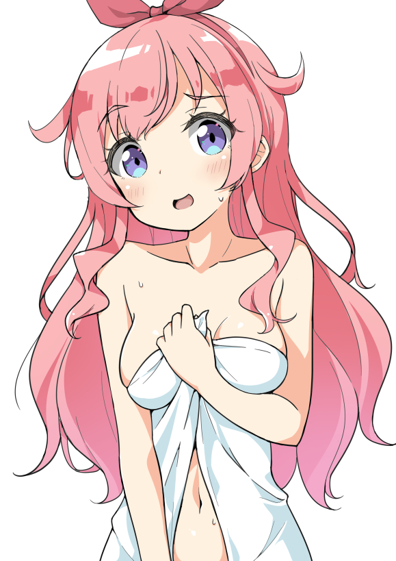1girl bare_arms blue_eyes blush bow breasts collarbone covering_privates flipped_hair hair_bow hairband hand_up holding holding_towel kiratto_pri_chan long_hair looking_at_viewer medium_breasts momoyama_mirai naked_towel navel nude_cover open_mouth pink_hair pretty_series red_hairband sainyan_(strong7) simple_background smile solo swept_bangs towel upper_body wavy_hair wet white_background white_towel