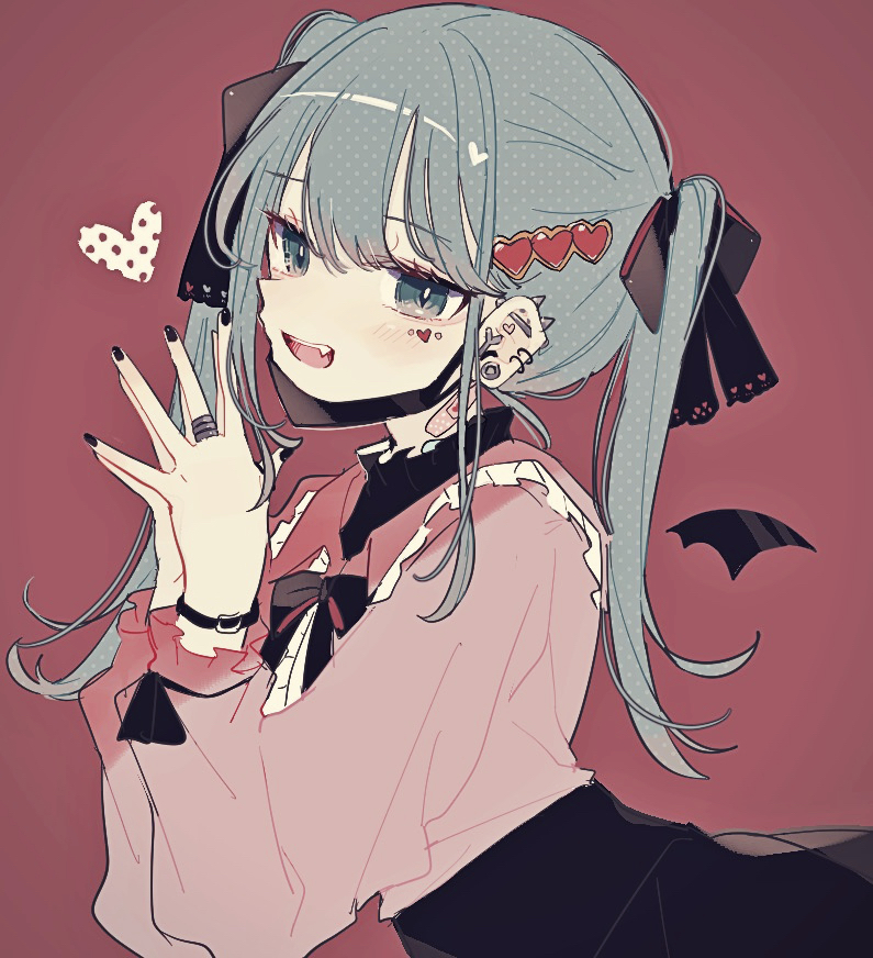 1girl aqua_eyes aqua_hair bandaid bandaid_on_neck bat_wings black_bracelet black_mask black_nails black_ribbon black_skirt black_wings blush bracelet bright_pupils commentary ear_piercing facial_mark fang frilled_shirt frills hair_ornament hair_ribbon hatsune_miku heart heart_hair_ornament jewelry kino-cands light_smile long_hair long_sleeves looking_at_viewer mask mini_wings mouth_mask open_mouth own_hands_together piercing pink_shirt red_background ribbon shirt single_wing skirt solo spiked_ear_piercing teeth turtleneck twintails upper_teeth_only vampire_(vocaloid) vocaloid white_pupils wings