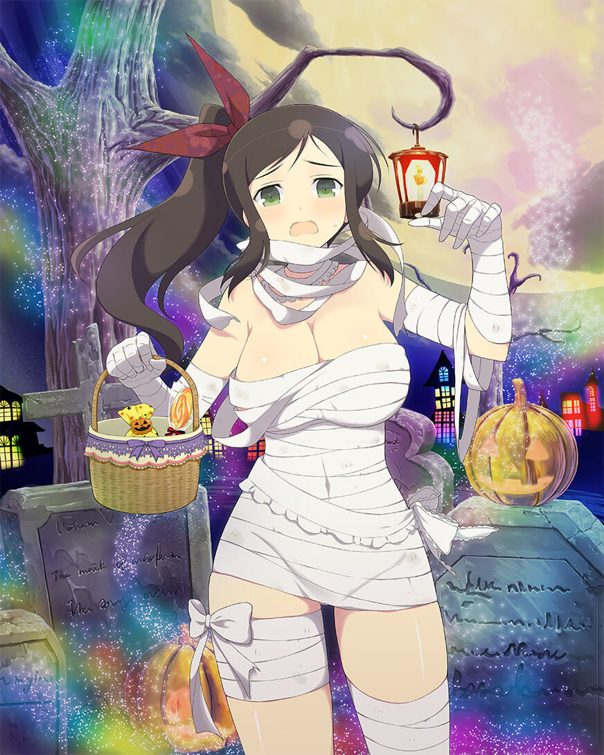 1girl armpit_crease bandaged_arm bandaged_chest bandaged_leg bandages bare_tree basket blush body_blush bow breasts brown_hair building candy candy_wrapper city_lights cleavage covered_navel embarrassed food frilled_ribbon frills full_moon grave graveyard green_eyes groin hair_bow hair_ribbon halloween halloween_costume happy_halloween holding holding_basket jack-o'-lantern lace large_breasts linea_alba lollipop long_hair looking_at_viewer moon mummy mummy_costume murakumo_(senran_kagura) naked_bandage night night_sky official_art open_mouth pumpkin purple_bow ribbon senran_kagura senran_kagura_new_wave senran_kagura_shinovi_versus shiny_skin side_ponytail sidelocks sky solo standing swirl_lollipop thigh_bow tombstone tree white_bow white_ribbon window wrapped_candy yaegashi_nan