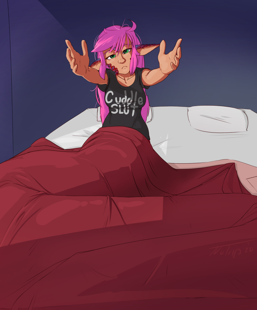 apode bed black_clothing black_topwear breasts clothed clothing draconcopode eyelashes female furniture green_eyes hair hi_res humanoid humanoid_pointy_ears lamia legless long_hair notrip on_bed pillow pink_hair qperson reaching_towards_viewer reptile scalie serpentine snake solo split_form tan_body tan_skin text text_on_clothing text_on_topwear topwear