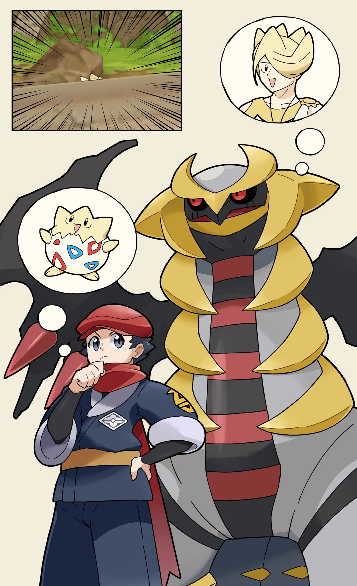 1boy alternate_hairstyle beret black_sclera colored_sclera galaxy_expedition_team_survey_corps_uniform giratina giratina_(altered) hand_on_own_hip hat highres imagining kenn_pichi pokemon pokemon_(creature) pokemon_legends:_arceus pokemon_masters_ex red_scarf rei_(pokemon) scarf togepi volo_(pokemon) wings