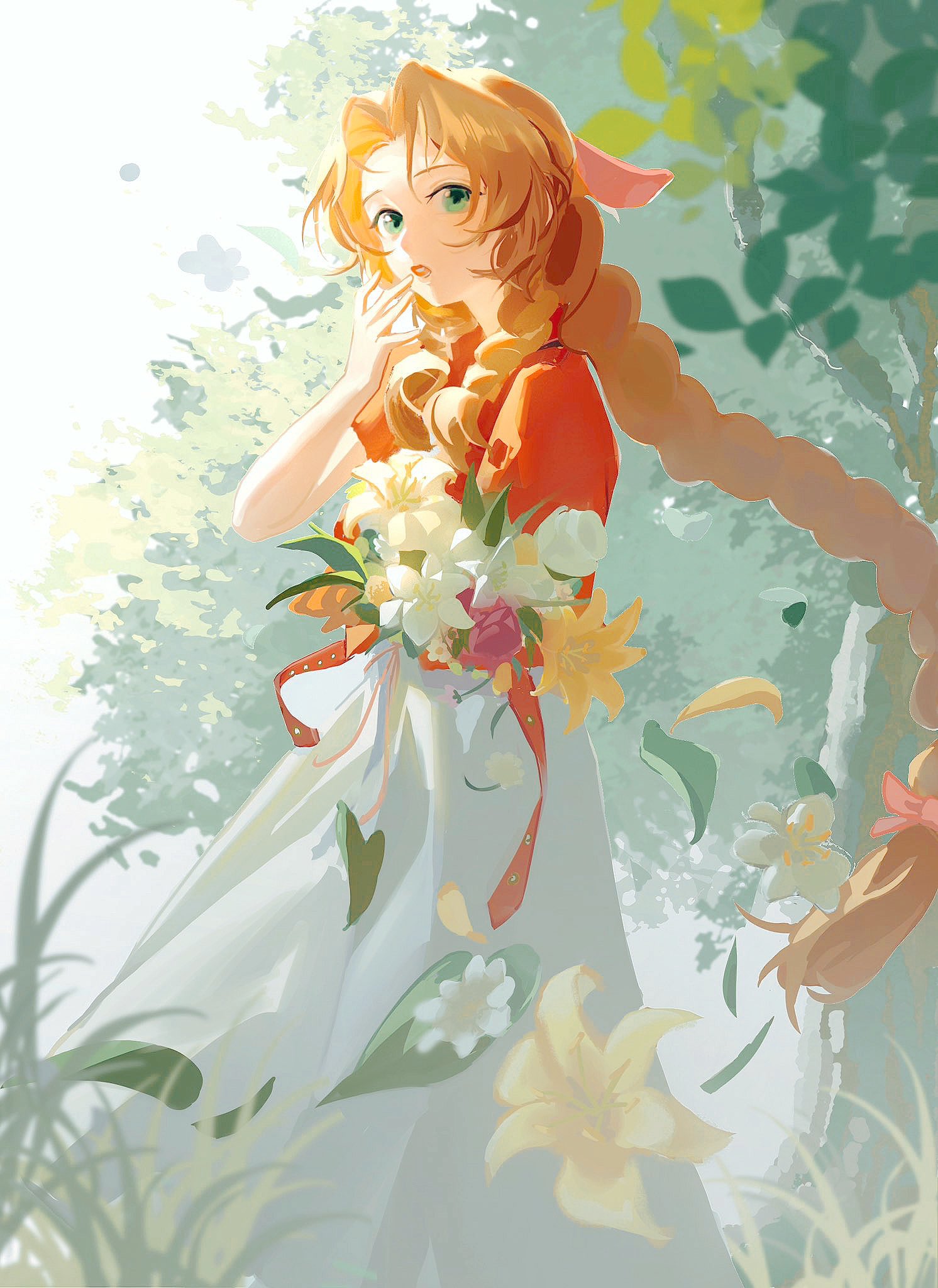 1girl aerith_gainsborough bouquet bow braid braided_ponytail brown_hair day dress final_fantasy final_fantasy_vii final_fantasy_vii_rebirth final_fantasy_vii_remake flower grass green_eyes hair_bow hand_to_own_mouth highres holding holding_bouquet jacket long_dress long_hair on_grass outdoors petals pink_bow red_jacket solo standing tree white_dress yasumukotori