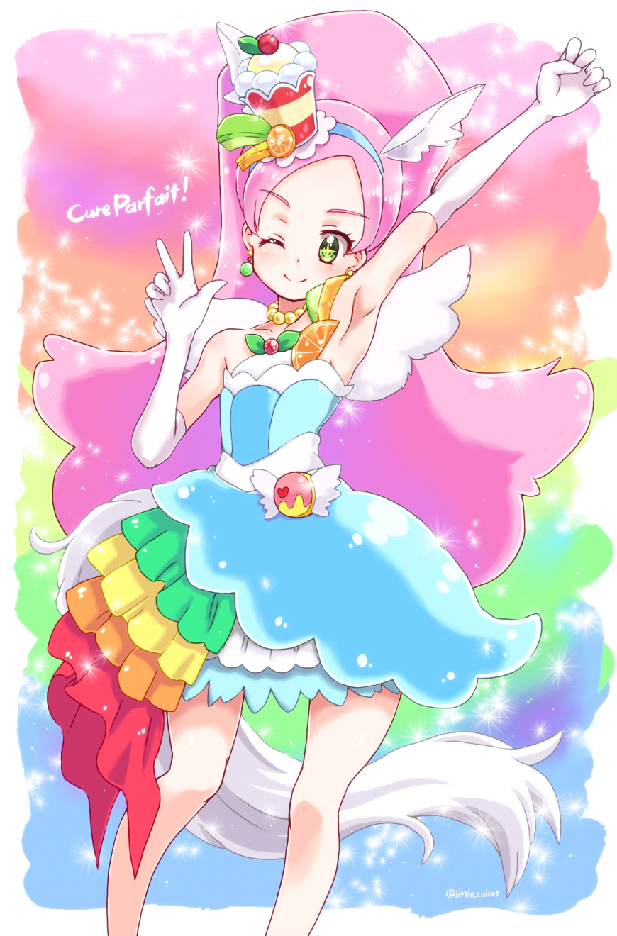 animal_ears arm_up armpits bare_shoulders berry chel_(little_colors) choker collarbone cure_parfait dress earrings elbow_gloves food food-themed_hair_ornament fruit gloves hair_ornament headband highres horse_ears jewelry kirakira_precure_a_la_mode kiwi_(fruit) leaf lemon long_hair orange_(fruit) parfait pearl_choker pearl_earrings pink_hair ponytail precure strapless strapless_dress tail white_gloves white_tail white_wings wings