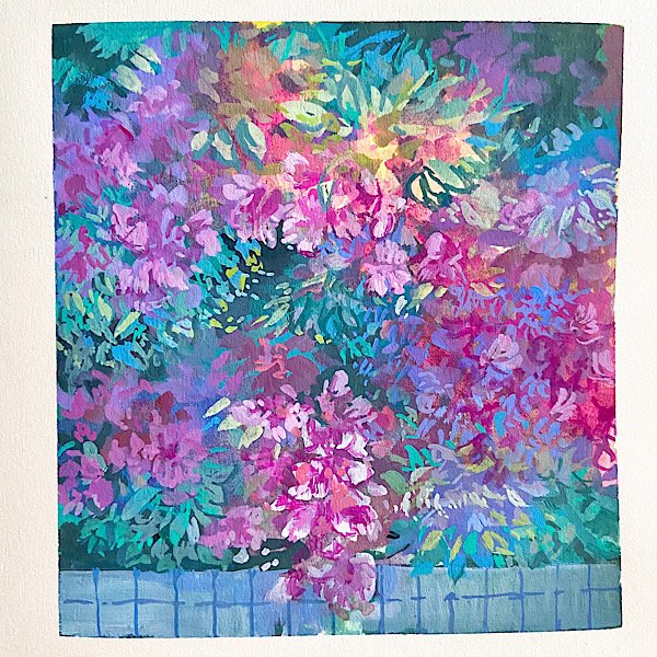 border bush flower leaf mimoth no_humans original painting_(medium) plant purple_flower still_life tile_wall tiles traditional_media white_border