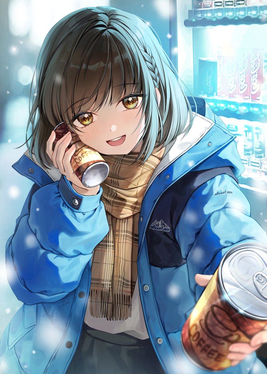 1girl :d black_skirt blue_jacket blush brown_eyes brown_hair brown_scarf can can_to_cheek canned_coffee coat cowboy_shot drink drink_can head_tilt high-waist_skirt highres holding holding_drink hood hood_down hooded_jacket incoming_drink jacket looking_at_viewer night open_clothes open_jacket open_mouth original outdoors plaid plaid_scarf plus1024 scarf shirt shirt_tucked_in skirt smile snowing solo vending_machine white_shirt winter_clothes winter_coat