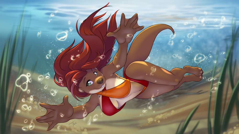 anthro breasts brown_fur cleavage clothed clothing female fur green_eyes hair inktiger long_hair mammal mustelid otter pose raised_arm smile solo swimming swimsuit underwater water