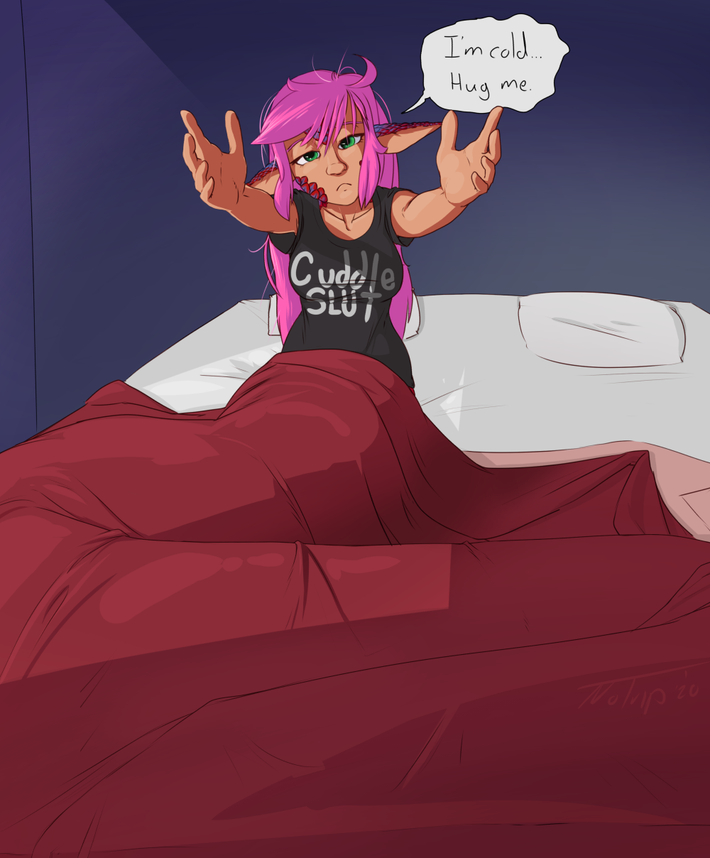 apode bed black_clothing black_topwear breasts clothed clothing draconcopode eyelashes female furniture green_eyes hair hi_res humanoid humanoid_pointy_ears lamia legless long_hair notrip on_bed pillow pink_hair qperson reaching_towards_viewer reptile scalie serpentine snake solo split_form tan_body tan_skin text text_on_clothing text_on_topwear topwear
