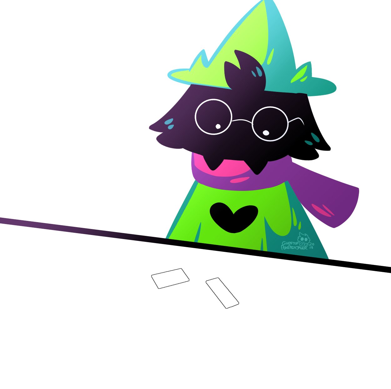 &lt;3 ambiguous_gender anthro caprine clothing deltarune eyebrows eyewear fur ghostie_poke glasses goat hat looking_down mammal ralsei robe scarf sharp_teeth simple_background sitting teeth video_games white_background white_eyes