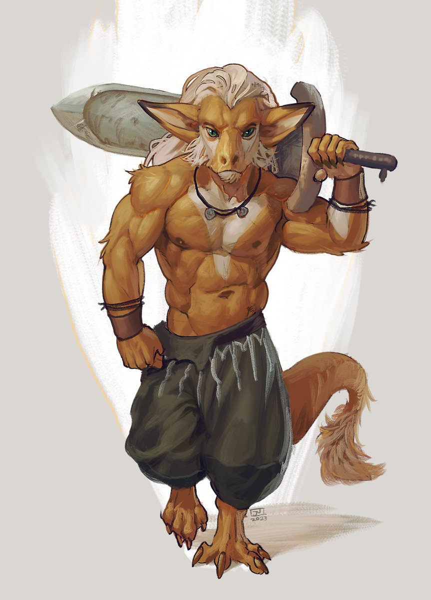 2023 abs anthro claws clothed clothing fur green_eyes hair hi_res jerome_jacinto long_ears long_hair looking_at_viewer male melee_weapon navel nipples pecs short_body solo sword topless unknown_species weapon white_hair yellow_body yellow_fur zulfir