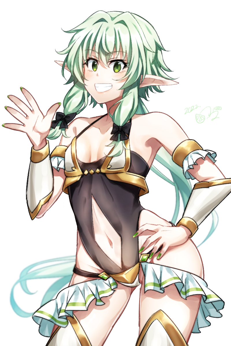 1girl alternate_costume armor bare_shoulders bikini bikini_armor black_one-piece_swimsuit bow clothing_cutout collarbone cowboy_shot detached_sleeves elf flat_chest goblin_slayer! grin hair_between_eyes hair_bow hand_on_own_hip high_elf_archer_(goblin_slayer!) highres kankitukou legs_apart long_hair long_sleeves navel navel_cutout one-piece_swimsuit pointy_ears smile solo swimsuit teeth twintails white_bikini