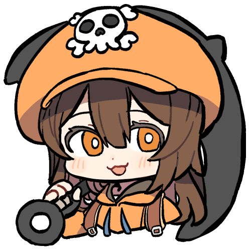 1girl anchor bright_pupils cabbie_hat cropped_torso fingerless_gloves gloves guilty_gear guilty_gear_strive hat hat_ornament holding holding_anchor hood hoodie lowres may_(guilty_gear) orange_headwear orange_hoodie over_shoulder pinch_(nesume) skull_and_crossbones skull_hat_ornament white_background white_pupils