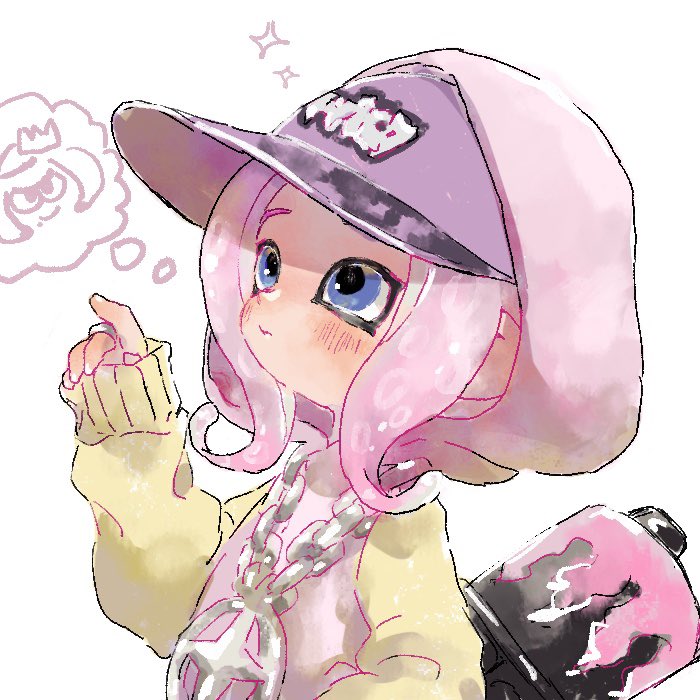 1girl bad_id bad_twitter_id blue_eyes blush closed_mouth commentary doodle_inset fingernails looking_ahead medal octoling_girl octoling_player_character paint pearl_(splatoon) pink_hair pink_vest plum0o0 pointing pointing_up purple_headwear short_hair simple_background sleeves_past_wrists solo sparkle splatoon_(series) spoken_character sweater symbol-only_commentary tentacle_hair thinking thought_bubble upper_body very_long_sleeves vest visor_cap wavy_mouth weapon weapon_on_back weapon_request white_background white_nails yellow_sleeves yellow_sweater