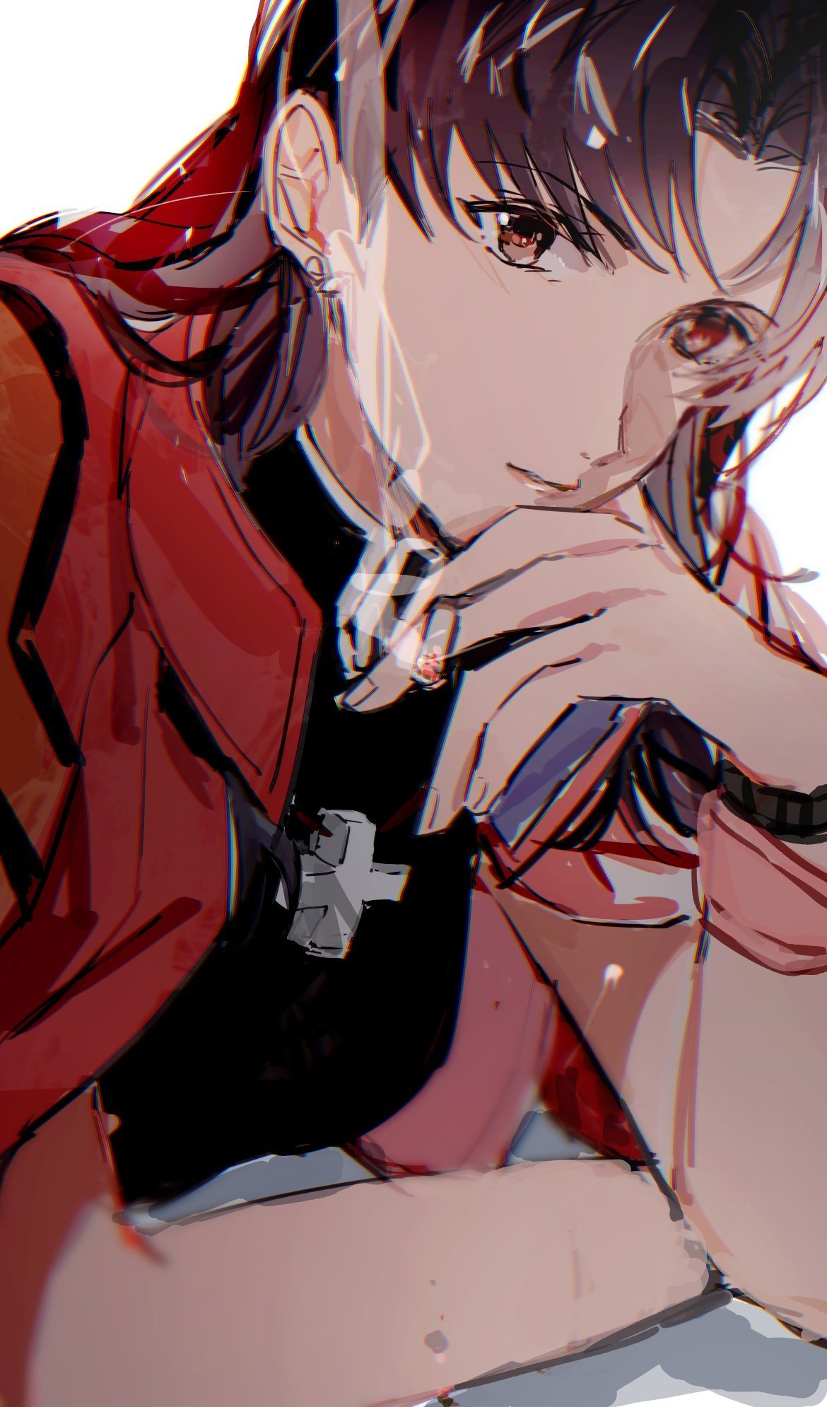 1girl biiko_(king1015g) cigarette closed_eyes cross cross_necklace highres holding holding_cigarette jacket jewelry katsuragi_misato necklace neon_genesis_evangelion portrait purple_hair red_eyes red_jacket simple_background solo white_background