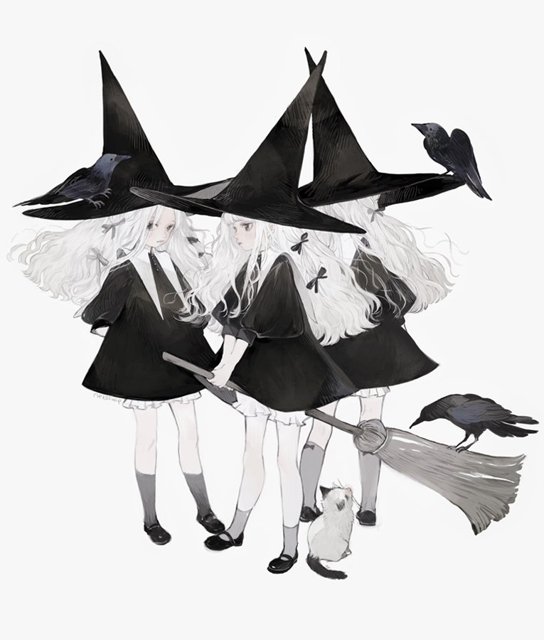 3girls animal_on_head ankle_socks arms_behind_back bird bird_on_head black_dress black_eyes black_footwear black_headwear black_ribbon black_sleeves bloomers broom broom_riding cat closed_mouth commentary_request crow dress expressionless from_behind grey_socks hair_ribbon hat knees long_hair mary_janes multiple_girls nekosuke_(oxo) on_head original puffy_short_sleeves puffy_sleeves ribbon shoes short_dress short_sleeves siamese_cat simple_background socks white_background white_bloomers white_hair witch witch_hat
