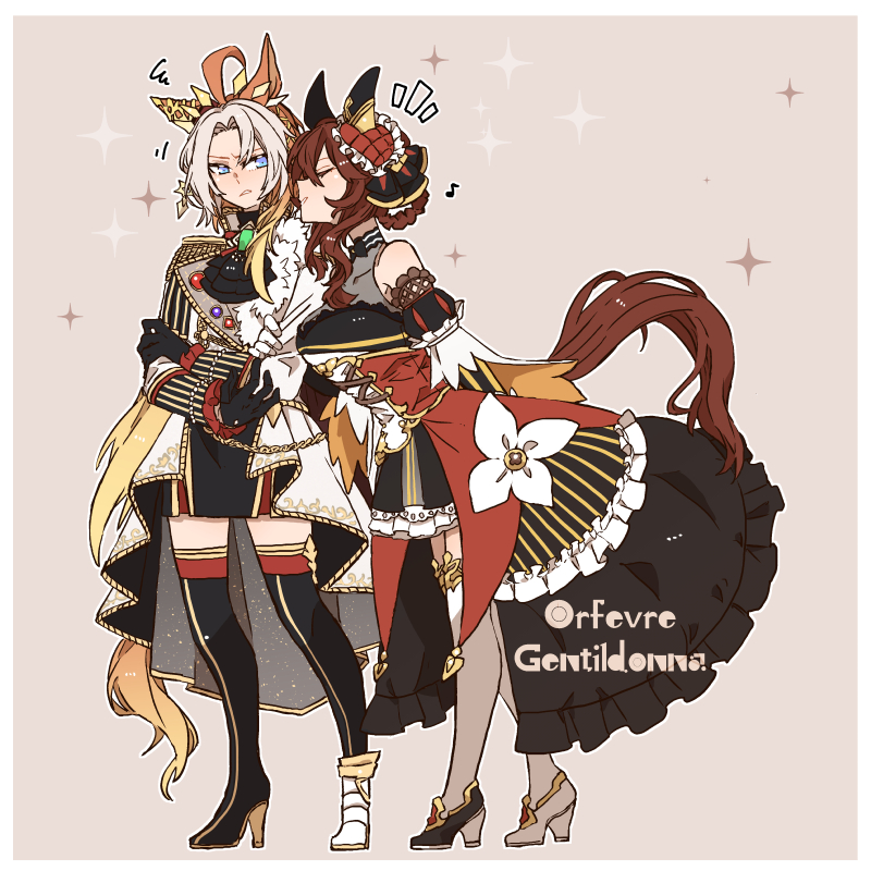 animal_ears asuka_(junerabitts) bare_shoulders blue_eyes bow breasts brown_hair dress ear_covers ear_ornament gentildonna_(umamusume) gloves hair_between_eyes hair_ornament hair_rings high_heels horse_ears horse_girl horse_tail jacket large_breasts long_hair long_sleeves medium_hair military_uniform orange_hair orfevre_(umamusume) purple_eyes red_dress sidelocks smile tail umamusume uniform