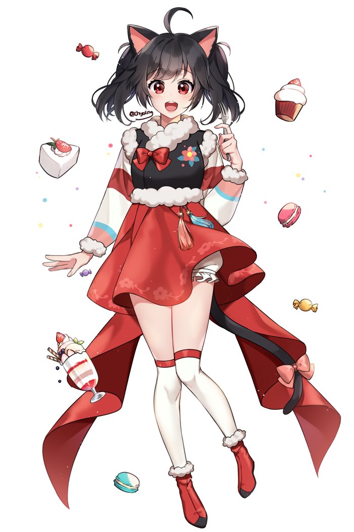 :d ahoge animal_ears black_hair black_shirt bloomers blush bow cake candy_wrapper cat_ears cat_girl cat_tail chyoling commentary commission cupcake food full_body fur-trimmed_boots fur-trimmed_shirt fur-trimmed_sleeves fur_trim long_sleeves looking_at_viewer macaron open_mouth original over-kneehighs parfait pink_bow red_eyes red_footwear red_skirt round_teeth shirt simple_background skirt slice_of_cake smile solo symbol_commentary tail tail_bow teeth thighhighs twintails underwear upper_teeth white_background white_bloomers white_legwear