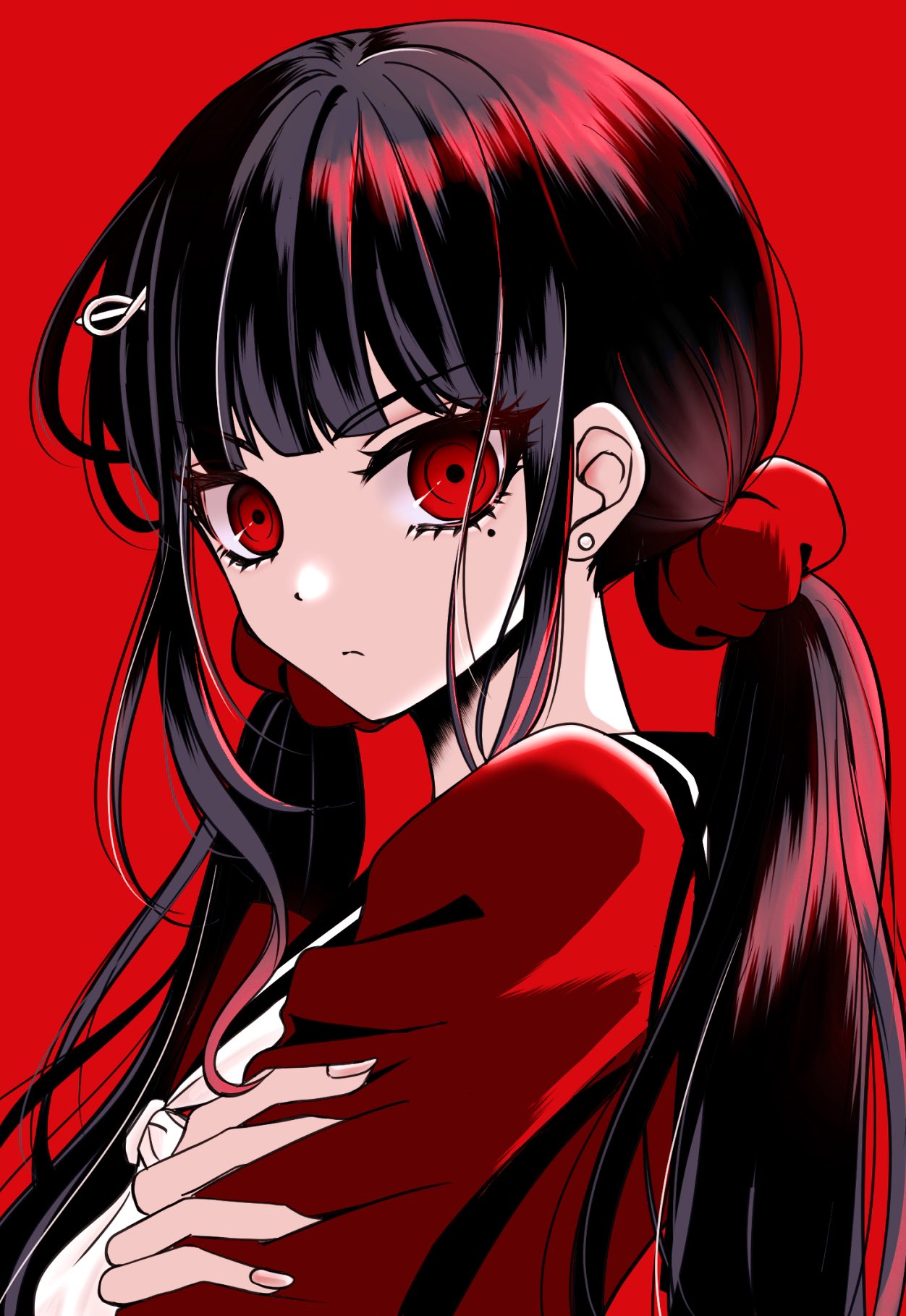 1girl blunt_bangs danganronpa_(series) danganronpa_v3:_killing_harmony hair_ornament hair_scrunchie hairclip harukawa_maki highres light_frown long_hair long_sleeves looking_at_viewer low_twintails mole mole_under_eye red_background red_eyes red_scrunchie red_shirt sailor_collar satori_(aosky9077) scrunchie shirt simple_background solo twintails