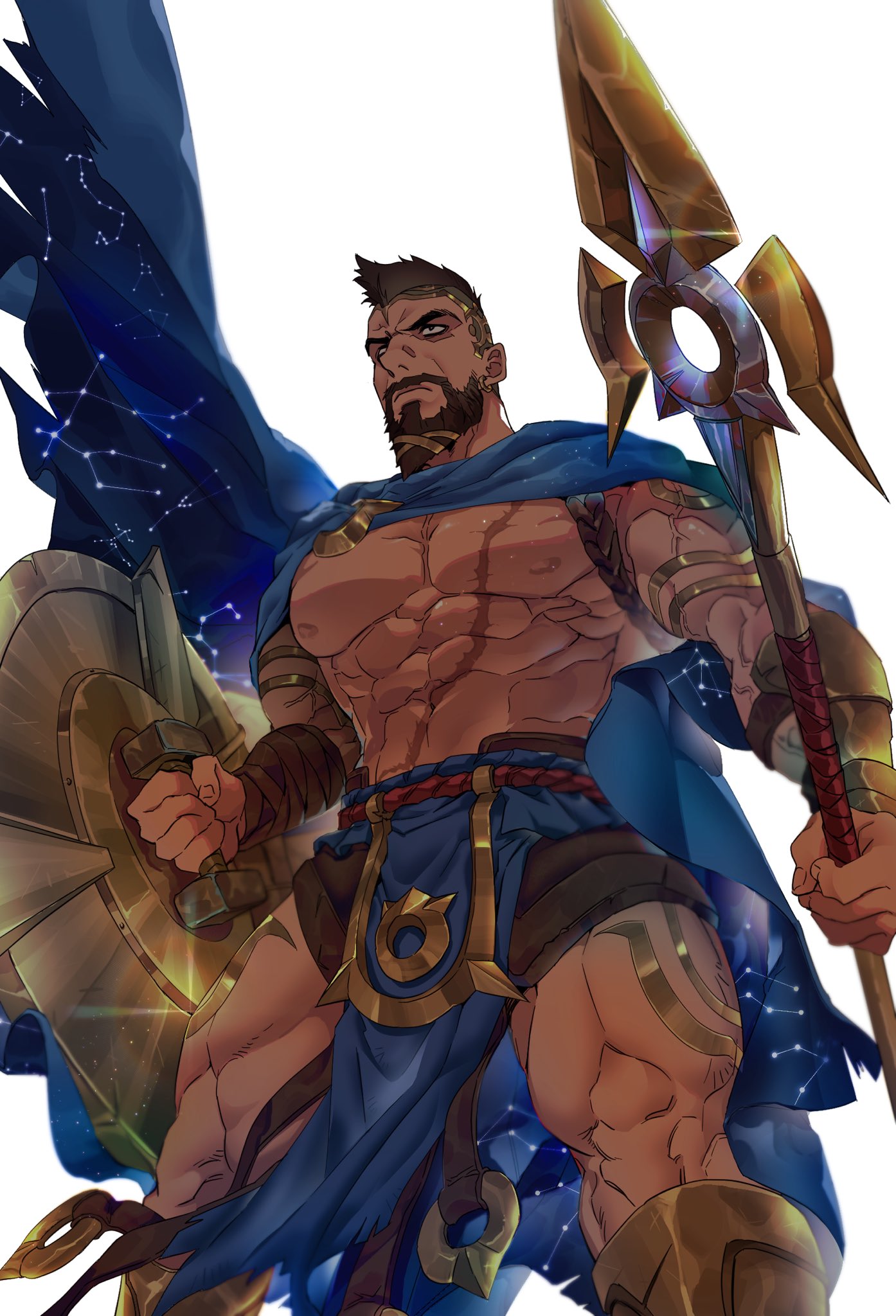 1boy abs aquarius_(constellation) bandaged_arm bandages bara beard belt biceps boots brown_hair cancer_(constellation) cape capricorn_(constellation) constellation constellation_print facial_hair gauntlets gemini_(constellation) highres holding holding_polearm holding_shield holding_weapon large_pectorals league_of_legends left-handed leo_(constellation) libra_(constellation) loincloth looking_ahead mag_cora_imparo male_focus manly mature_male mohawk muscular muscular_male nipples pantheon_(league_of_legends) pectorals polearm sagittarius_(constellation) scorpius_(constellation) shield simple_background solo spear taurus_(constellation) thick_arms thick_eyebrows thick_thighs thighs topless_male undercut veins vulpecula_(constellation) weapon white_background