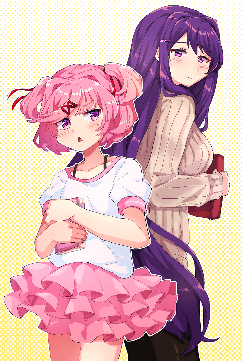 2girls blush bra_strap brown_sweater chiimako closed_mouth collarbone commentary_request doki_doki_literature_club eyelashes food hair_between_eyes hair_intakes hair_ornament hair_ribbon hairclip highres holding long_hair long_sleeves multiple_girls natsuki_(doki_doki_literature_club) pink_eyes pink_hair polka_dot polka_dot_background purple_eyes purple_hair red_ribbon ribbed_sweater ribbon shirt short_hair short_sleeves sidelocks simple_background smile sweater swept_bangs t-shirt tongue tongue_out triple_wielding turtleneck turtleneck_sweater two_side_up upper_body white_shirt x_hair_ornament yuri_(doki_doki_literature_club)