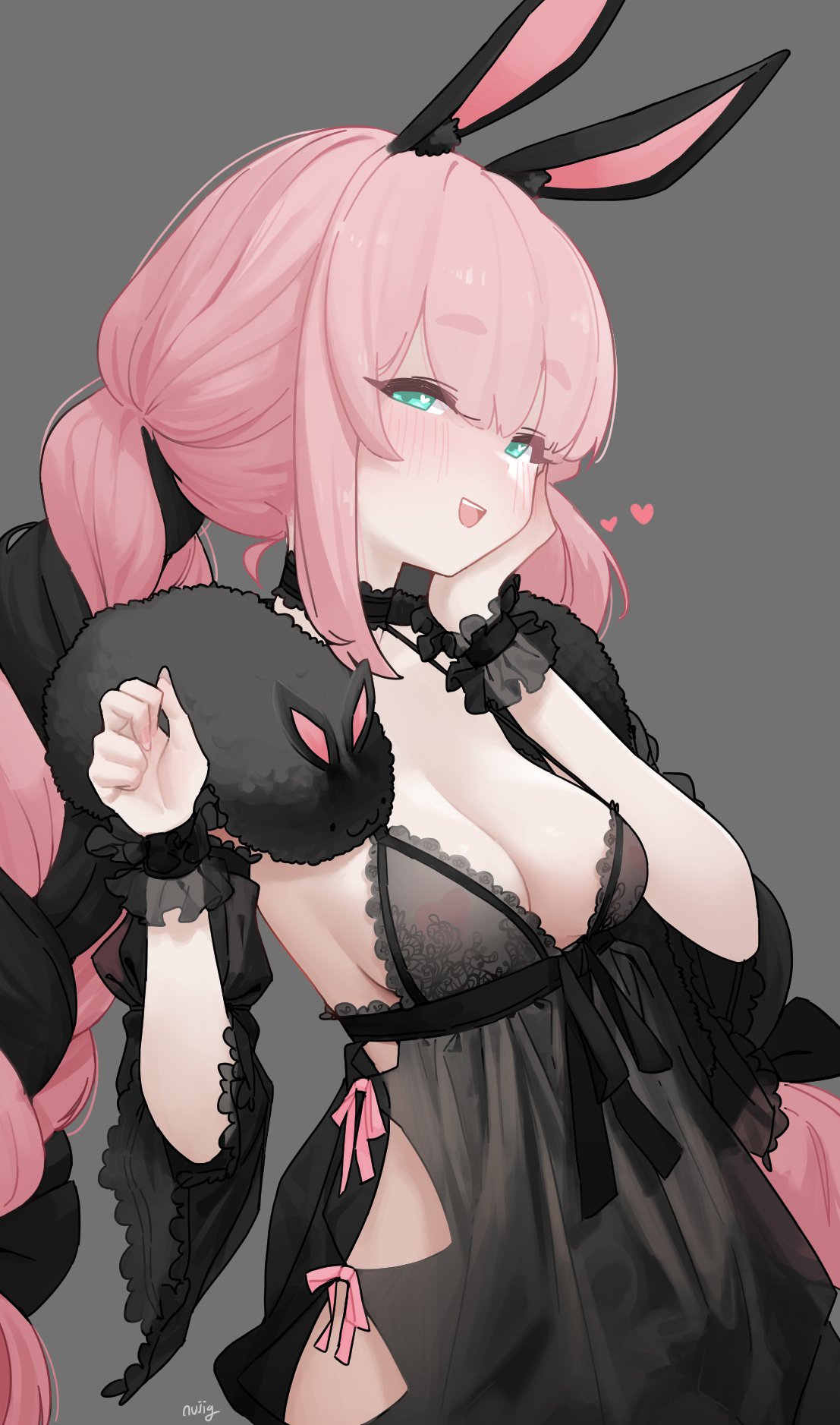 1girl alternate_color alternate_costume alternate_hair_length alternate_hairstyle animal_ear_fluff animal_ears babydoll black_babydoll black_hair blush braid breasts cleavage green_eyes grey_background heart heart-shaped_pupils heart_pasties highres hololive long_hair looking_at_viewer medium_breasts nujig open_mouth pasties pink_hair rabbit_ears rabbit_girl signature simple_background solo symbol-shaped_pupils twin_braids usada_pekora very_long_hair virtual_youtuber