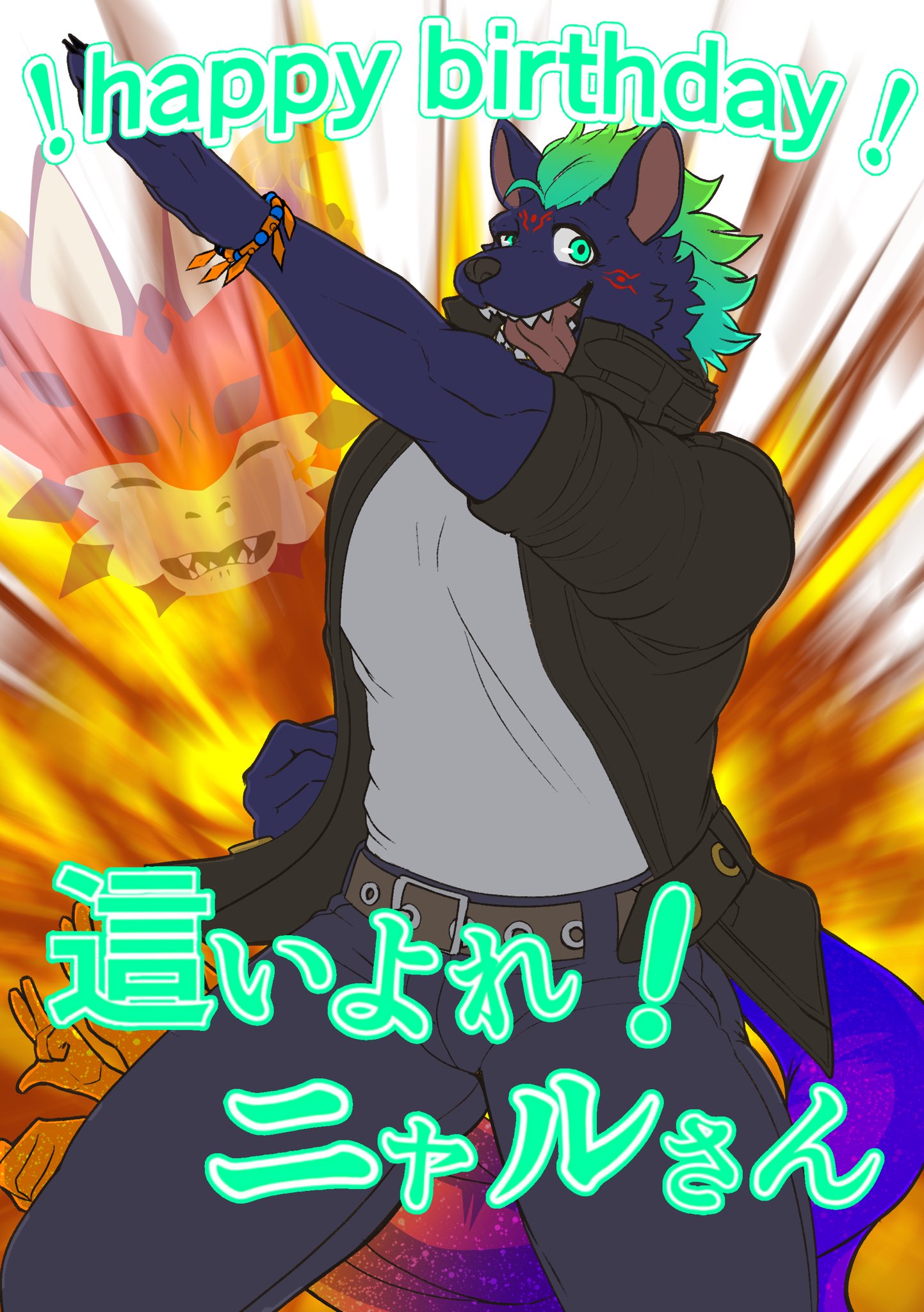 anthro blue_body blue_fur english_text explosion fur green_hair hair hi_res hyena japanese_text lifewonders male mammal muscular muscular_anthro nyarlathotep_(housamo) owatana0 pose solo text tokyo_afterschool_summoners tongue tongue_out