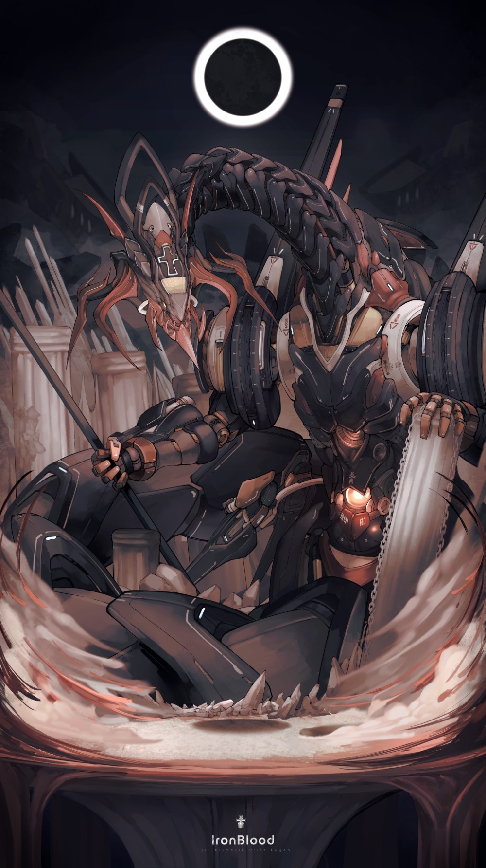 azur_lane construction dragon eclipse highres holding holding_staff iron_blood_(emblem) mecha mixed-language_commentary night night_sky non-humanoid_robot original rigging robot robot_dragon sky staff yusha_m