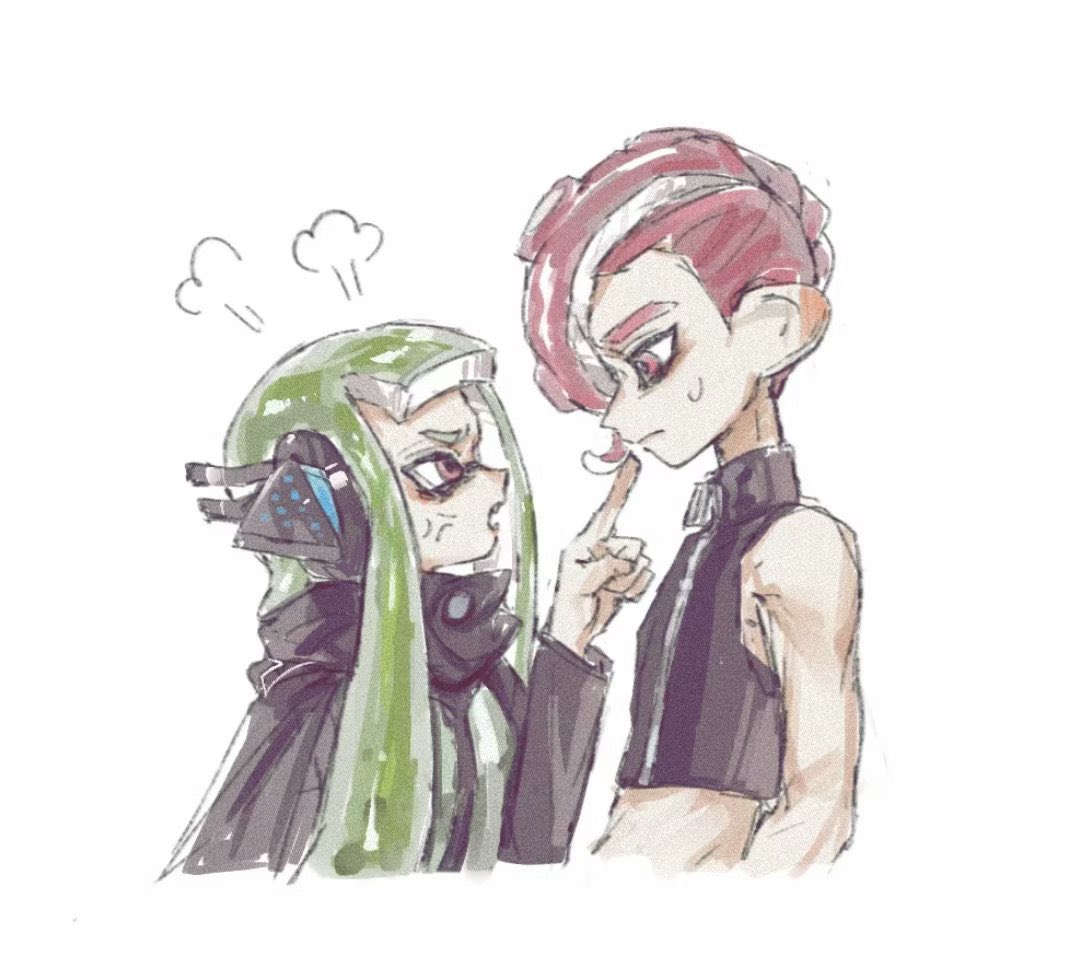 1boy 1girl agent_3_(splatoon) agent_8_(splatoon) angry black_cape cape closed_mouth eye_contact frown green_hair headgear high-visibility_vest index_finger_raised inkling inkling_girl inkling_player_character long_hair long_sleeves looking_at_another mohawk octoling octoling_boy octoling_player_character open_mouth pointing pointing_at_another puff_of_air red_eyes red_hair short_hair simple_background splatoon_(series) splatoon_2 splatoon_2:_octo_expansion tentacle_hair thenintlichen96 white_background