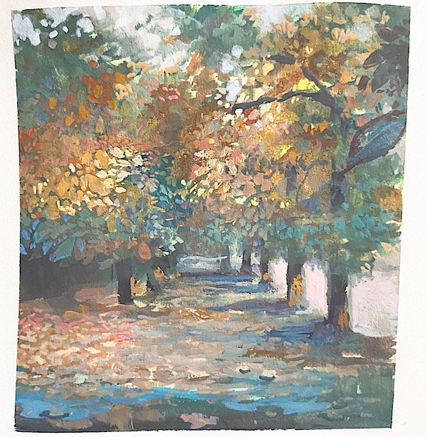 autumn autumn_leaves border dappled_sunlight day grass leaf mimoth no_humans original painting_(medium) puddle road scenery sunlight traditional_media tree tree_shade white_border