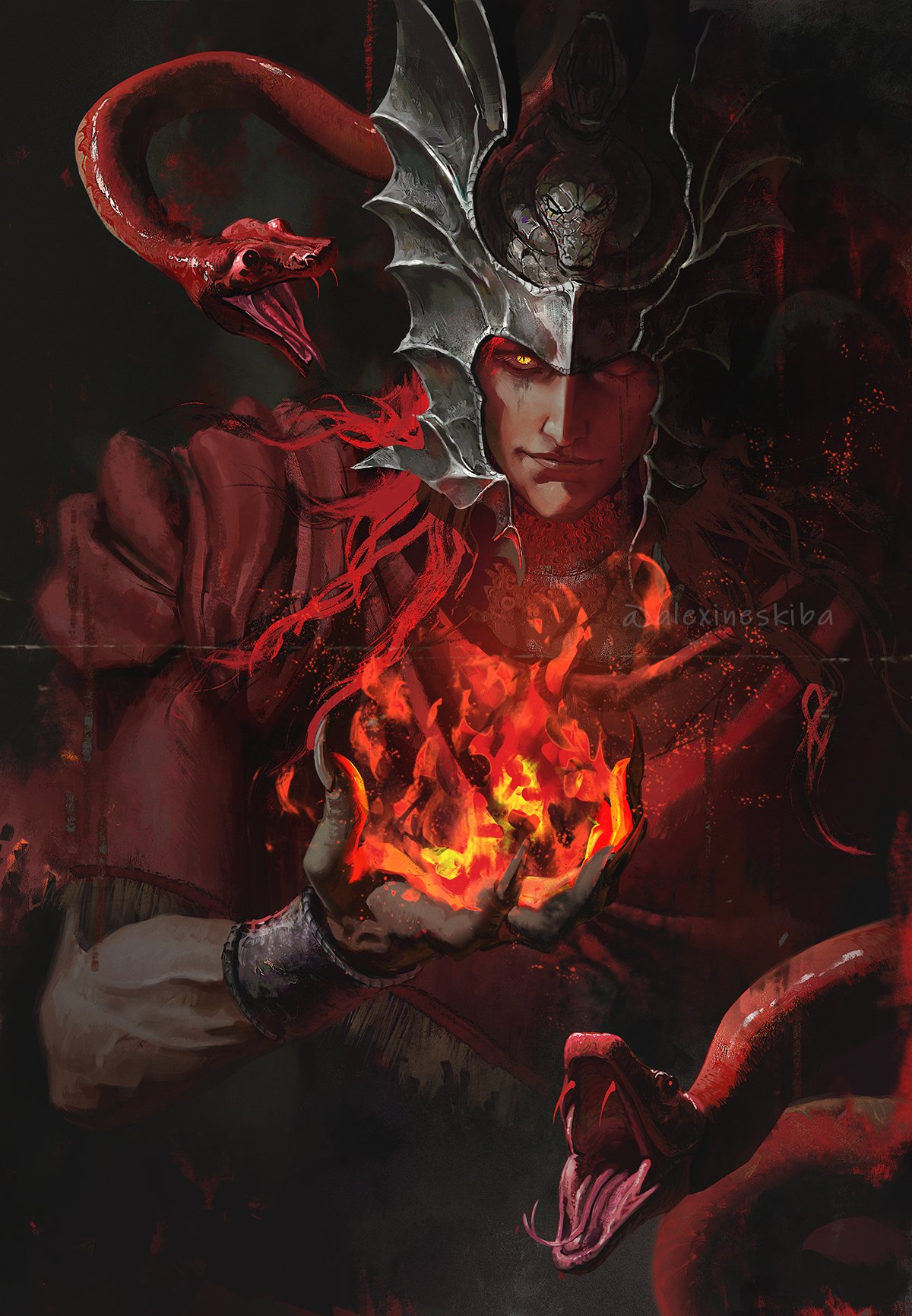 1boy aleksandra_skiba animal bracelet cape closed_mouth commentary elden_ring elden_ring:_shadow_of_the_erdtree english_commentary evil_smile fingernails fire flaming_hand helmet highres jewelry lips long_hair looking_at_viewer male_focus messmer_the_impaler one_eye_closed red_cape red_hair red_snake slit_pupils smile snake solo twitter_username yellow_eyes