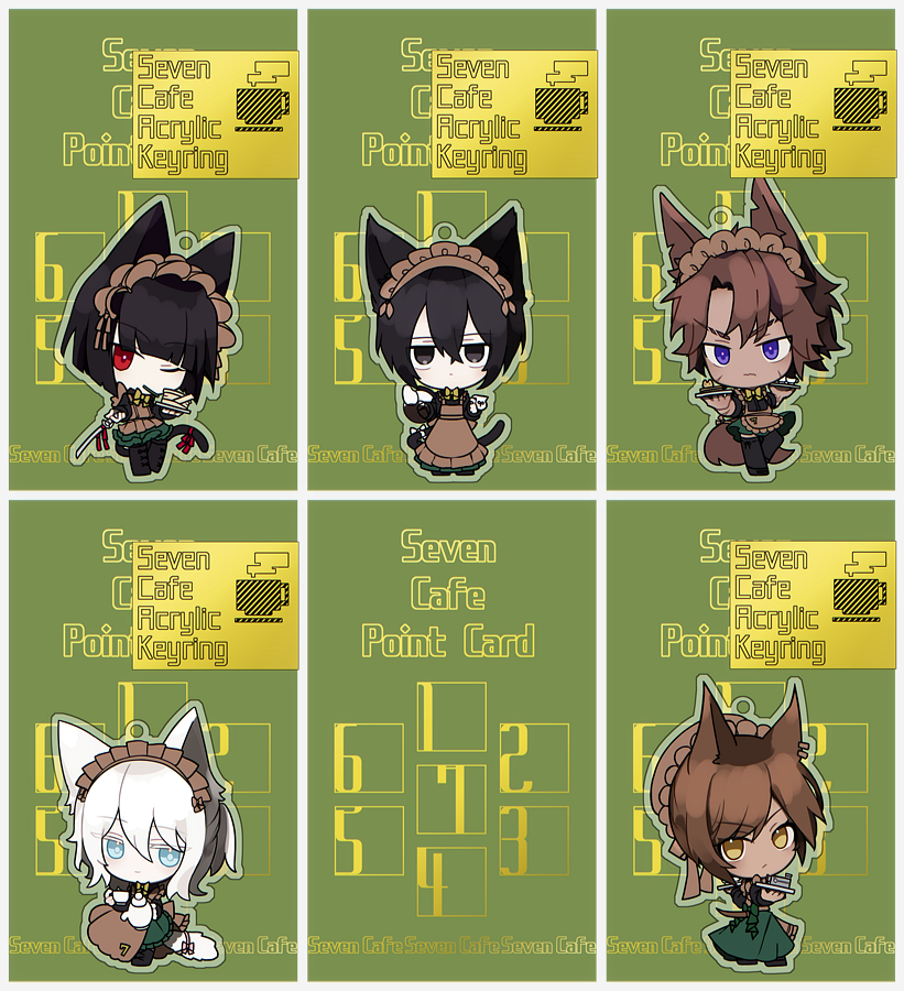 2boys 3girls ahoge animal_ears apron black_eyes black_hair brown_hair cat_ears cat_tail chibi diort faust_(project_moon) fox_tail heathcliff_(project_moon) limbus_company looking_at_viewer maid maid_headdress multiple_boys multiple_girls outis_(project_moon) parted_bangs project_moon purple_eyes ryoshu_(project_moon) tail wolf_ears wolf_tail yellow_eyes yi_sang_(project_moon)