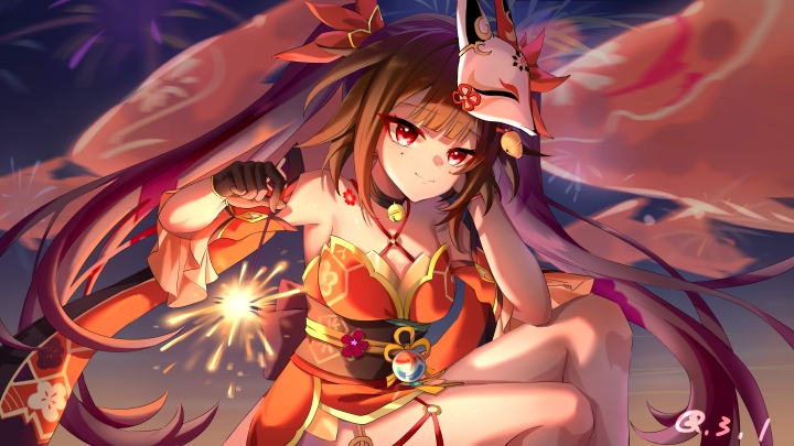 1girl arm_support bare_legs bare_shoulders bell black_choker black_gloves bow breasts brown_hair choker cleavage closed_mouth criss-cross_halter dress feet_out_of_frame fireworks fox_mask from_side gloves hair_bow halterneck hand_on_own_cheek hand_on_own_face holding_fireworks honkai:_star_rail honkai_(series) large_breasts looking_at_viewer mask mask_on_head neck_bell obi pink_eyes red_bow red_dress sash sidelocks signature single_glove sleeveless sleeveless_dress smile solo sparkle_(honkai:_star_rail) sparkler twintails yaoza~