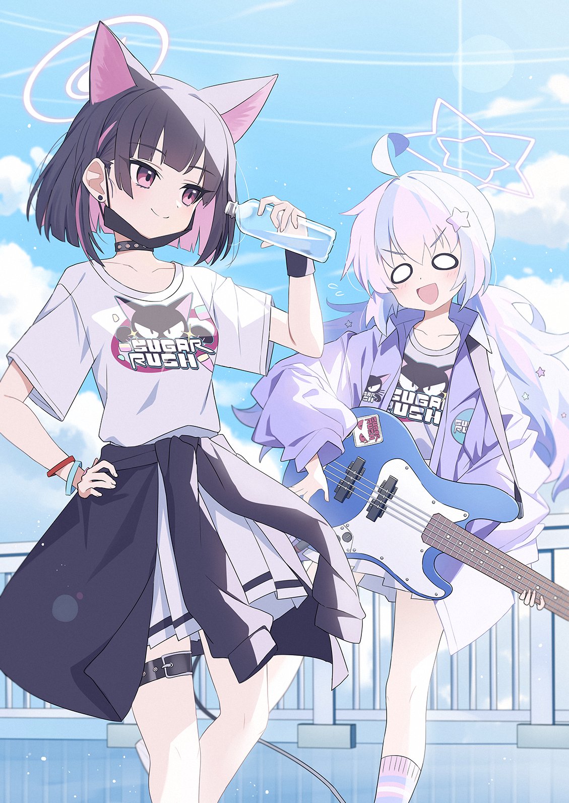 2girls ahoge alternate_costume animal_ears black_hair black_jacket black_mask blue_archive blue_sky blush bottle cat_ears cat_girl closed_mouth clothes_around_waist cloud cloudy_sky collarbone commentary electric_guitar extra_ears guitar halo hand_on_own_hip highres holding holding_bottle instrument jacket jacket_around_waist kazusa_(blue_archive) looking_at_another low_twintails mask_lift multiple_girls music o_o open_clothes open_jacket open_mouth pink_eyes pink_hair pink_halo plastic_bottle playing_instrument pleated_skirt print_shirt purple_jacket purple_shirt reisa_(blue_archive) shirt short_sleeves skirt sky smile star_halo symbol-only_commentary twintails v-shaped_eyebrows wagashi928 water_bottle white_skirt